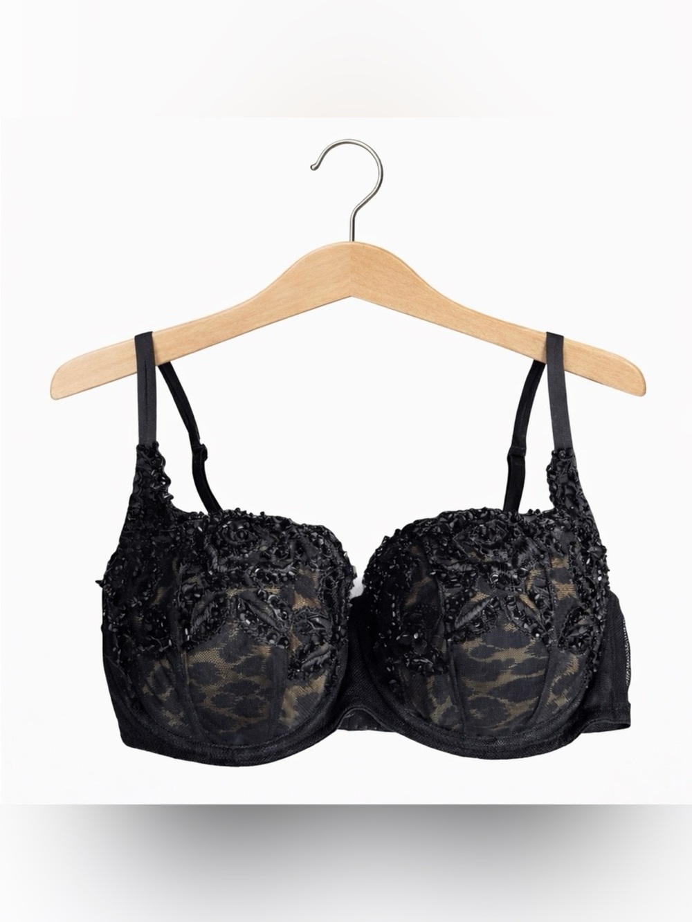Victoria’s Secret Black Lace Leopard Bra Sequin Glam Coquette Pinup Chic 34C
